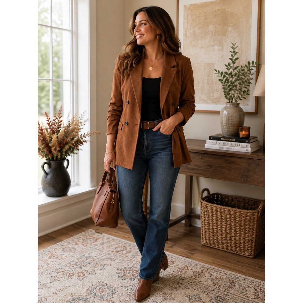 Maurices Faux Suede Double Breasted Blazer Jacket Brown XXL Soft Stretch Career
